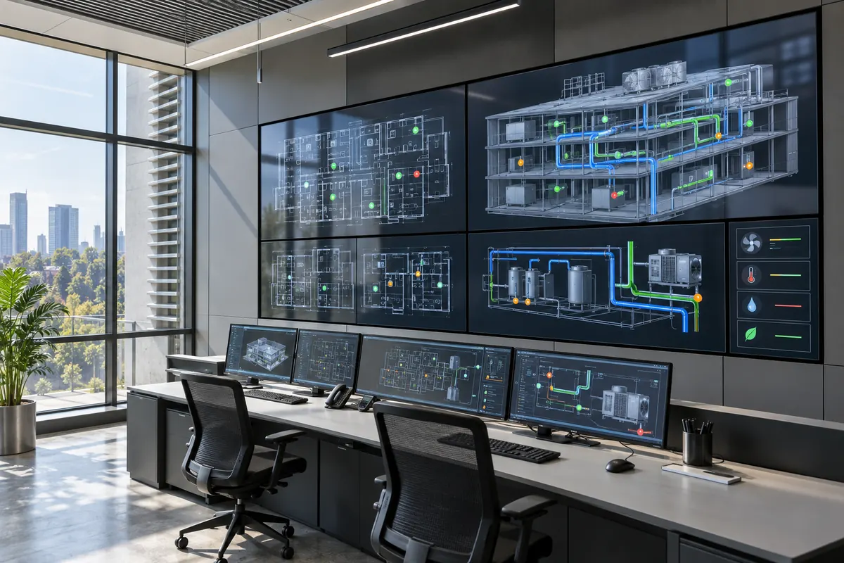 Building management control room with system monitoring displays.