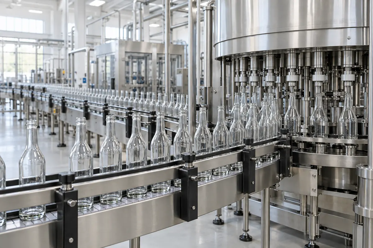 Stainless beverage conveyor and bottling equipment.