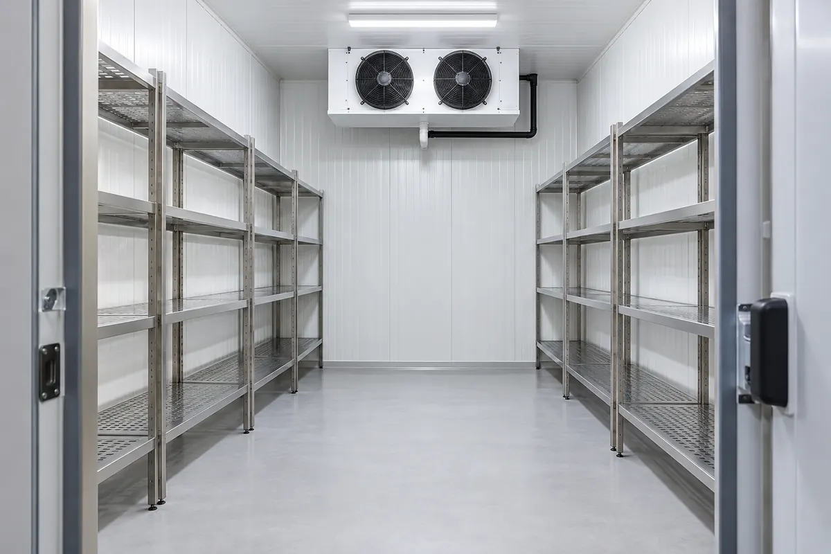 Insulated cold room with shelving and cooling equipment.