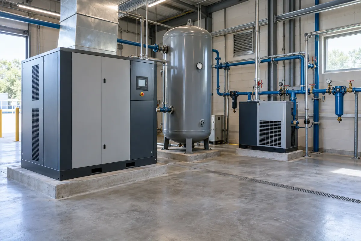 Compressor room with air receiver and distribution piping.