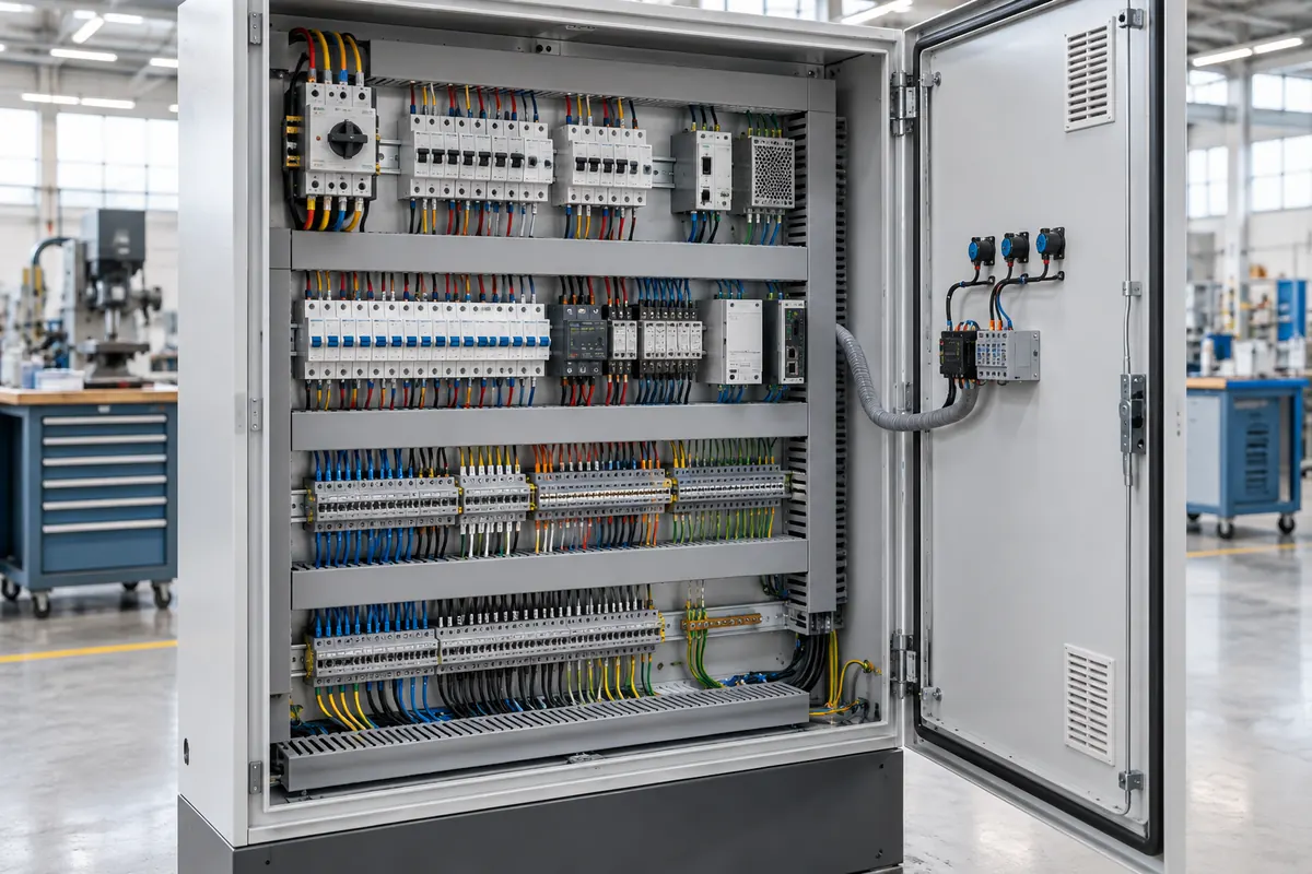 Electrical control panel with organized components and wiring.