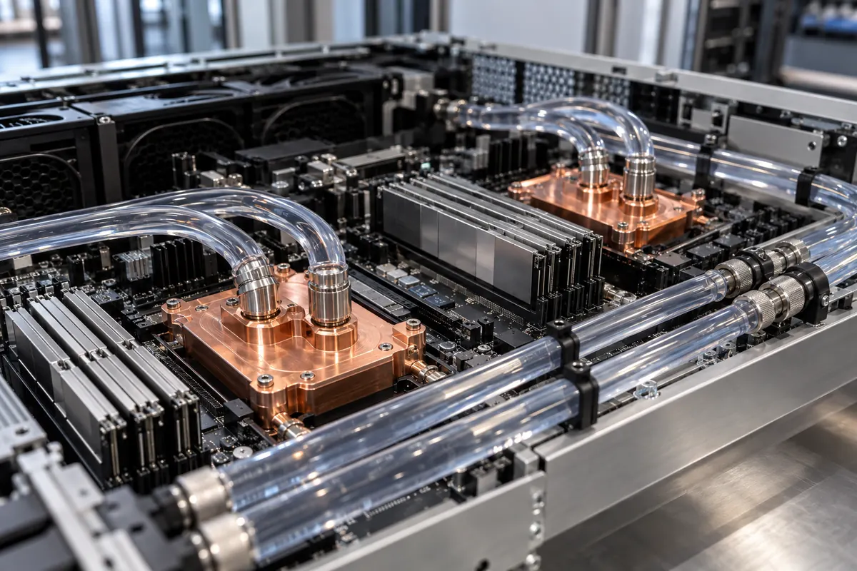 Server cold plates with direct-to-chip liquid cooling connections.