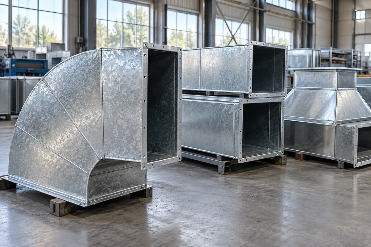 Galvanized rectangular ventilation ducts in a fabrication workshop.