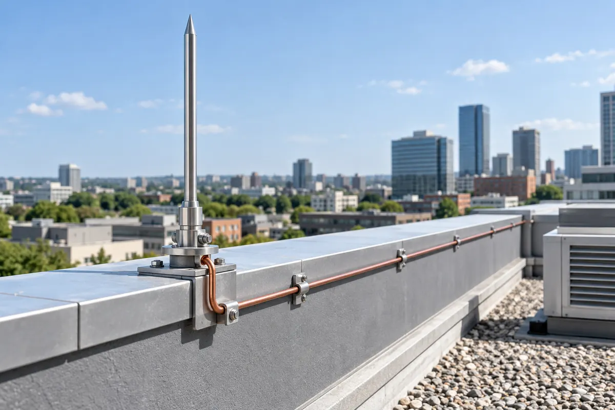 Rooftop lightning protection terminal and grounding conductor.