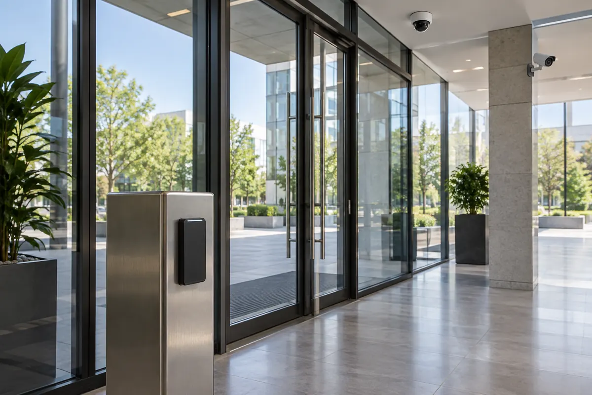 Commercial entrance with access control and security cameras.