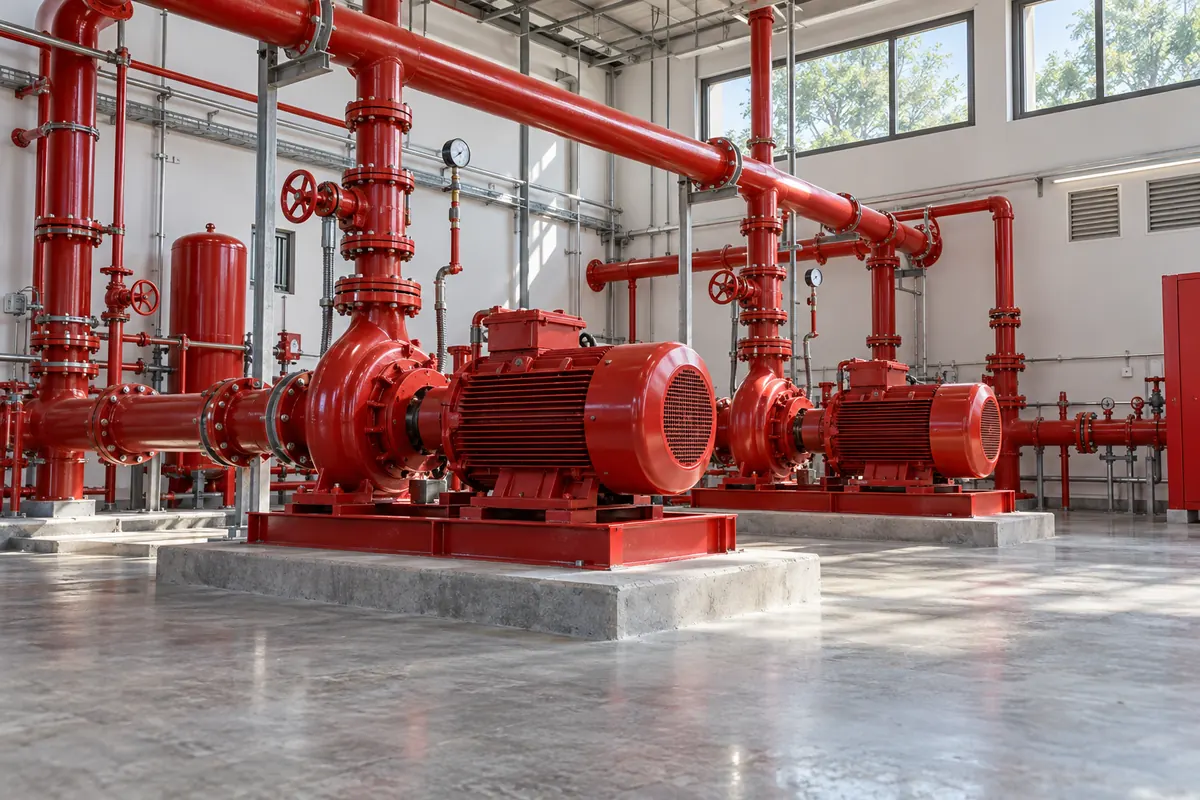 Fire pump installation with red suppression pipework.