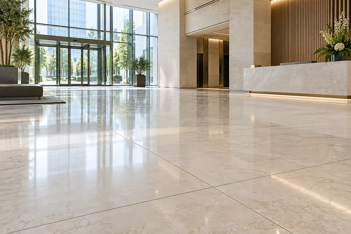 Large format stone flooring in a commercial lobby.