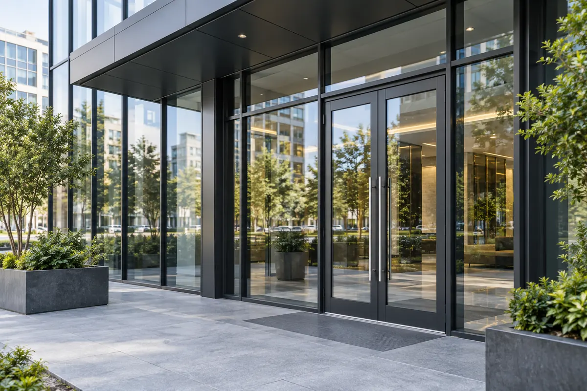 Aluminium framed glazing and commercial entrance doors.