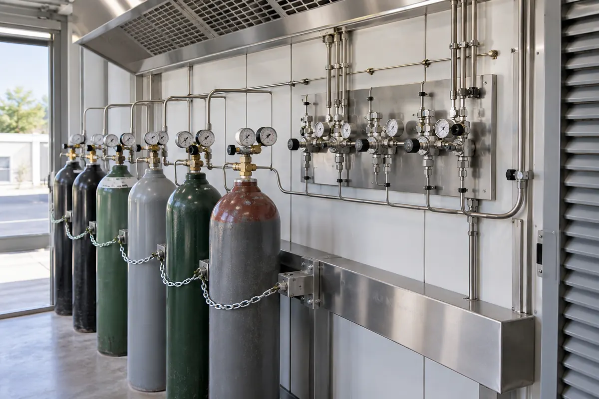 Secured gas cylinders and stainless distribution manifold.