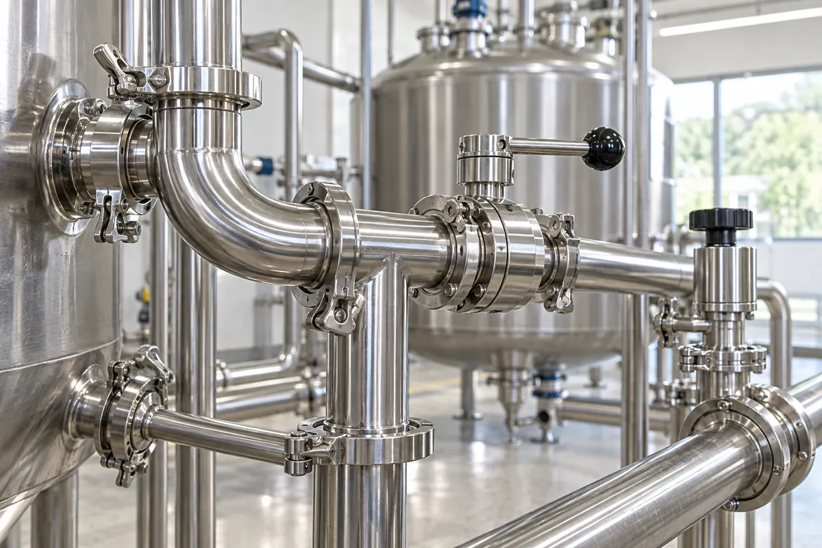 Polished sanitary pipework with hygienic clamp connections.