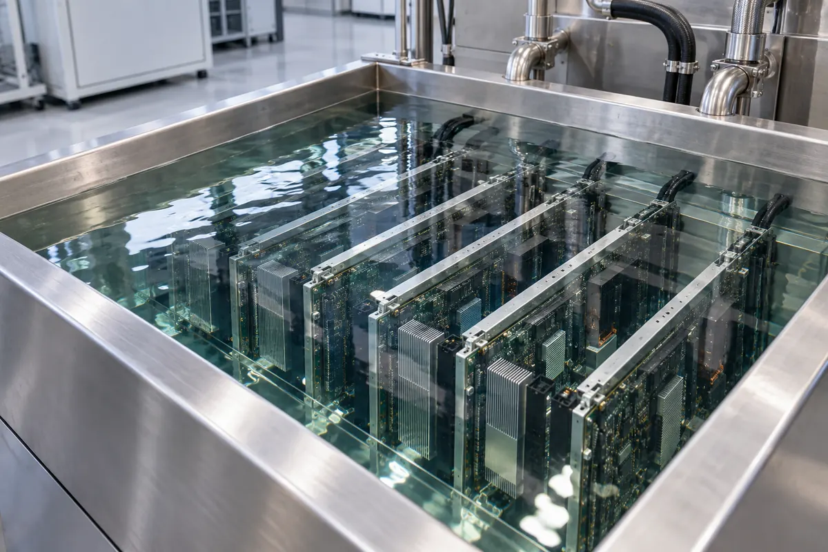 Server boards inside an immersion cooling tank.