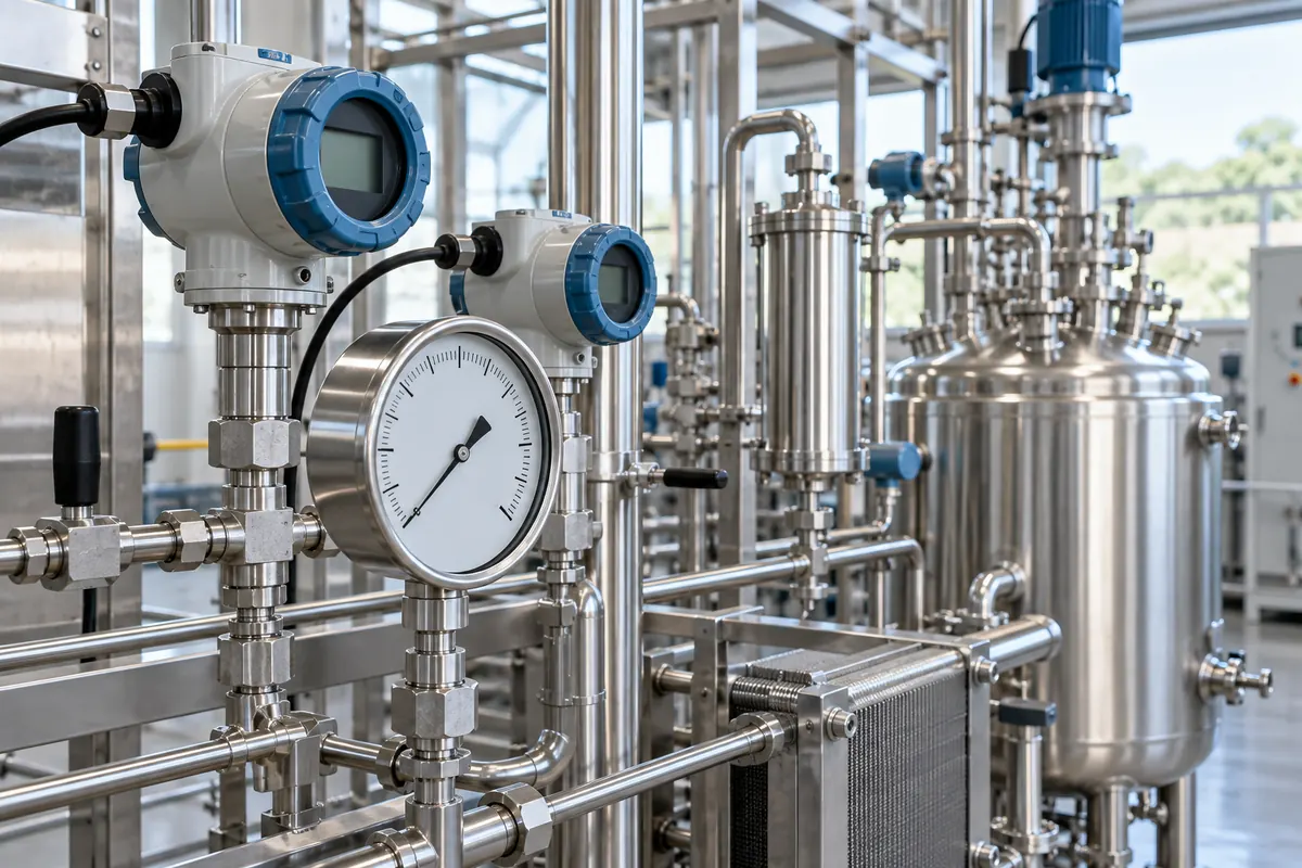 Process instruments and pressure sensors on industrial pipework.