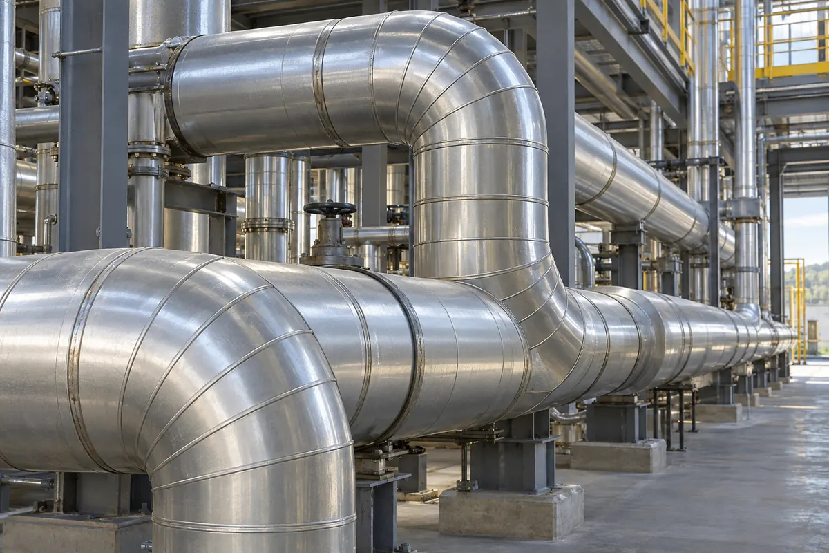 Insulated plant pipework with protective metal jacketing.