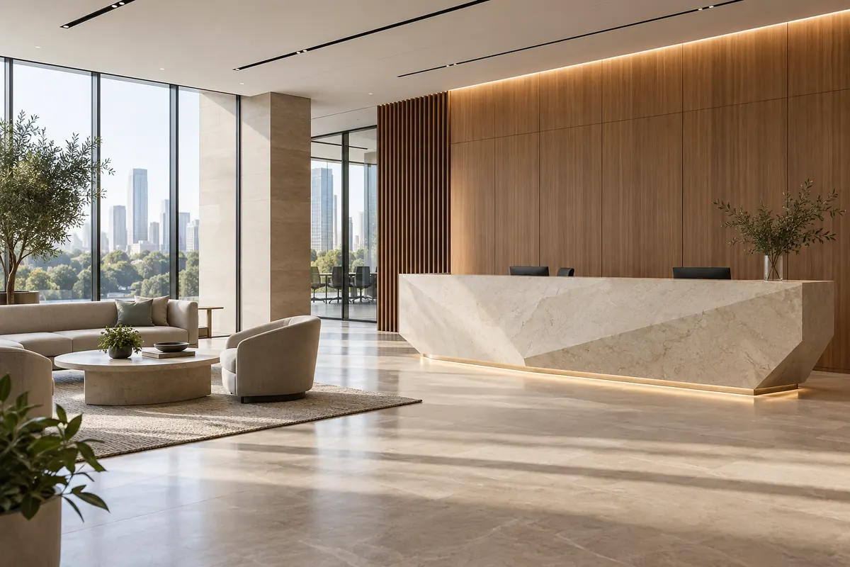 Contemporary office reception with coordinated interior finishes.