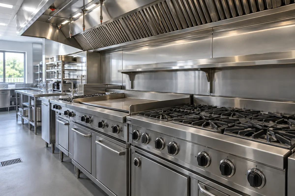 Commercial stainless steel kitchen and extraction equipment.