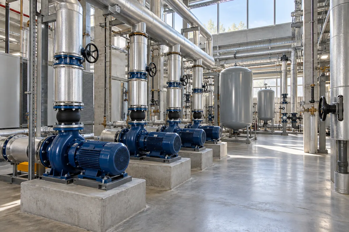Building mechanical plant with pumps and distribution manifolds.