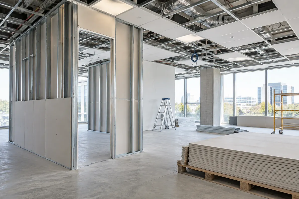 Gypsum partitions and suspended ceiling installation.