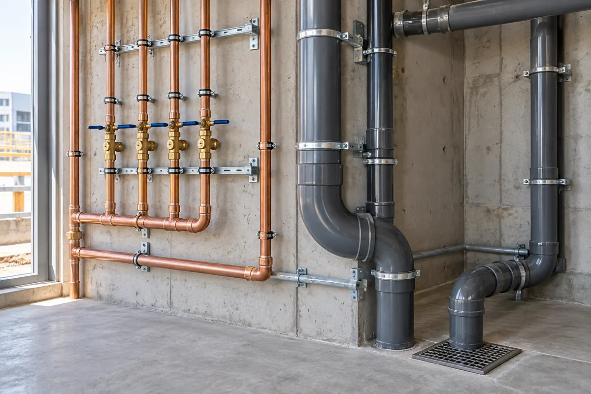 Commercial water supply and drainage pipe installation.