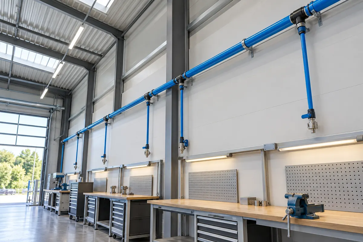 Aluminium compressed air distribution piping in a workshop.