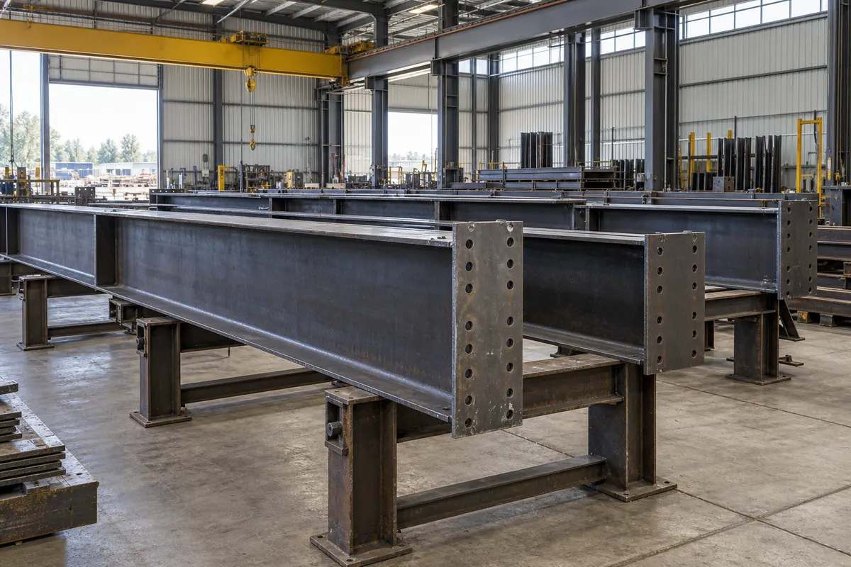 Structural steel beams in a fabrication workshop.