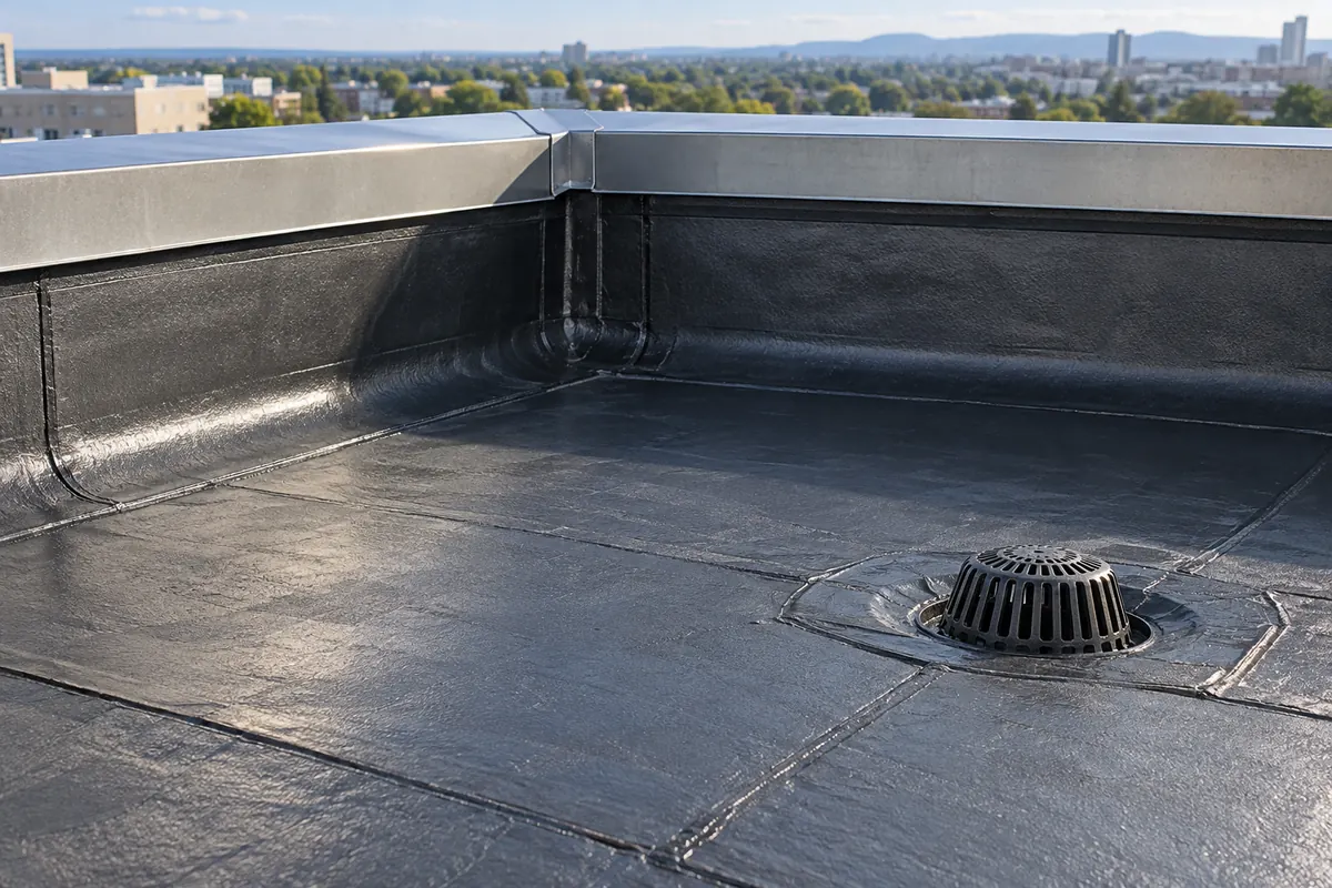 Roof membrane waterproofing and protected drainage details.